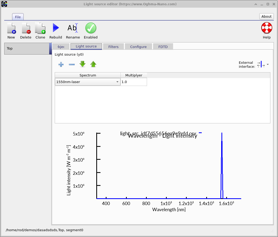 OghmaNano Light source editor displaying the selected 1550 nm laser spectrum