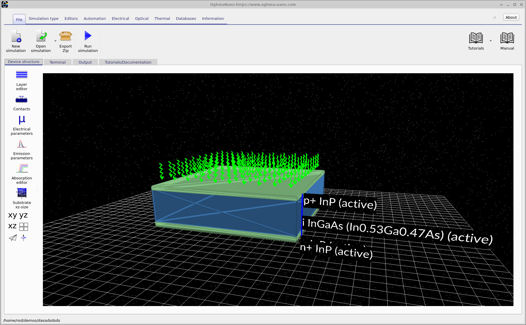 OghmaNano main window displaying the InGaAs/InP PIN photodiode with incident illumination