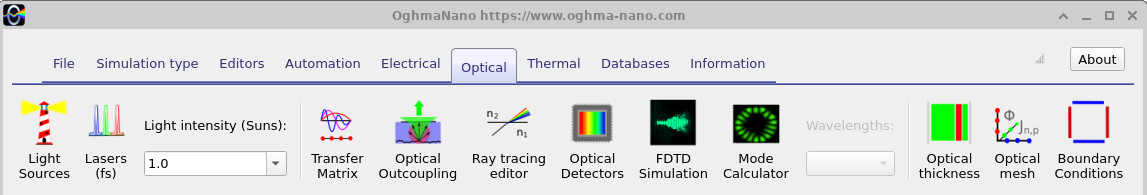 OghmaNano Optical ribbon showing the Light intensity Suns multiplier used to control laser illumination