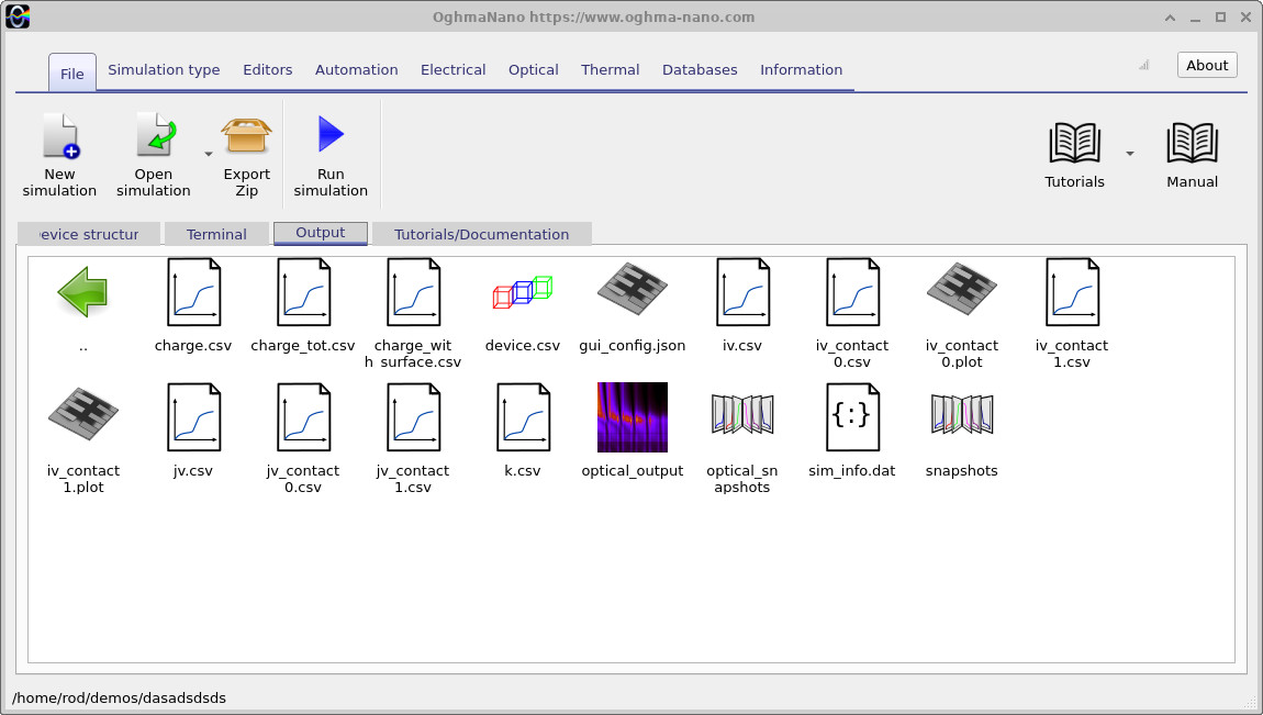 OghmaNano Output tab showing electrical J-V data, optical results, simulation information and snapshots