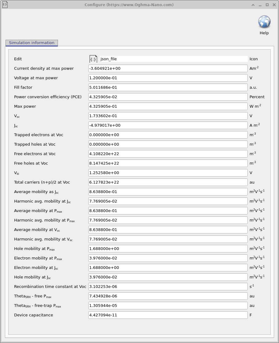 OghmaNano simulation information window showing calculated electrical device parameters, carrier concentrations and current densities