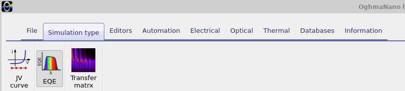 OghmaNano Simulation type ribbon showing the EQE simulation option