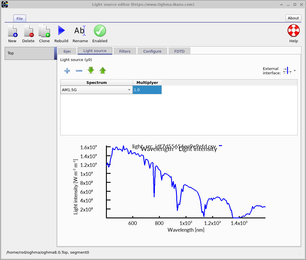 OghmaNano Light source editor displaying the broadband AM1.5G spectrum