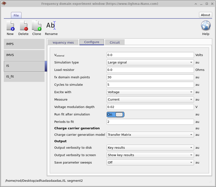 Configure tab of the FX domain experiment window showing simulation parameters such as external voltage, excitation, measurement type, and modulation depth.