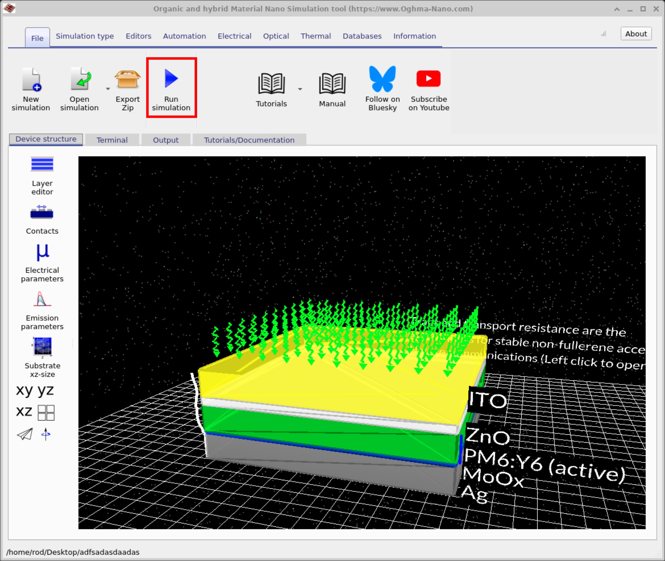OghmaNano main window showing a device structure with labeled layers (ITO, ZnO, PM6:Y6, MoOx, Ag). The Run simulation button is highlighted in the ribbon.