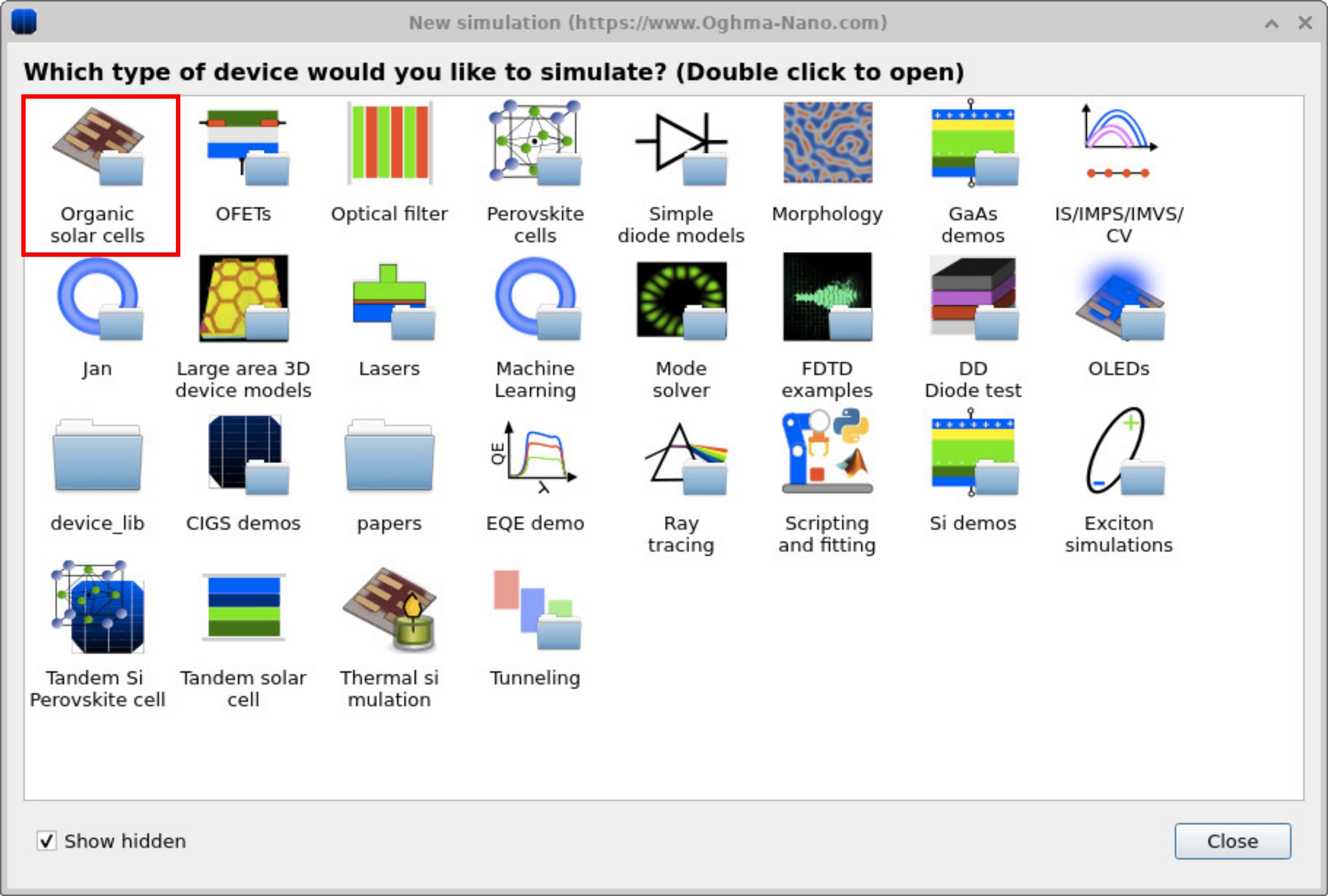 OghmaNano 'New simulation' window showing device categories; Organic solar cells highlighted.