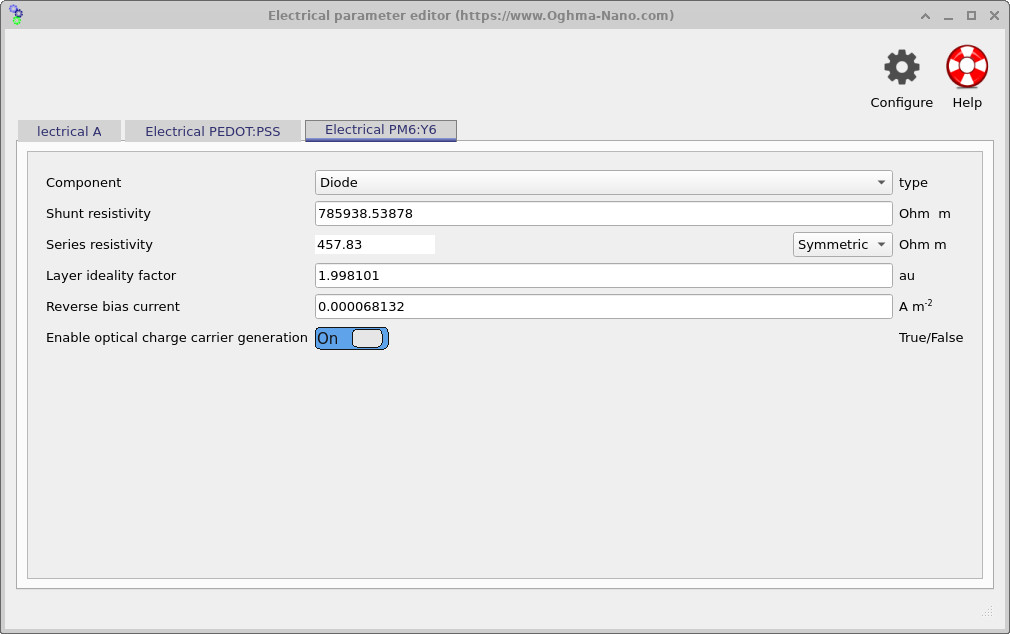 Electrical parameter editor for PM6:Y6 with diode parameters, resistivities, ideality factor, reverse bias current, and optical generation toggle