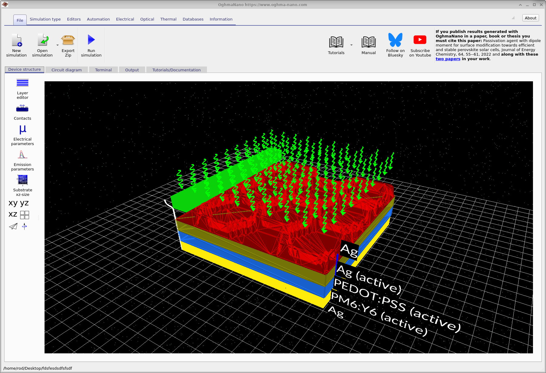Main window showing 3D layered device with Ag mesh, PEDOT:PSS, PM6:Y6, and a green extraction bar