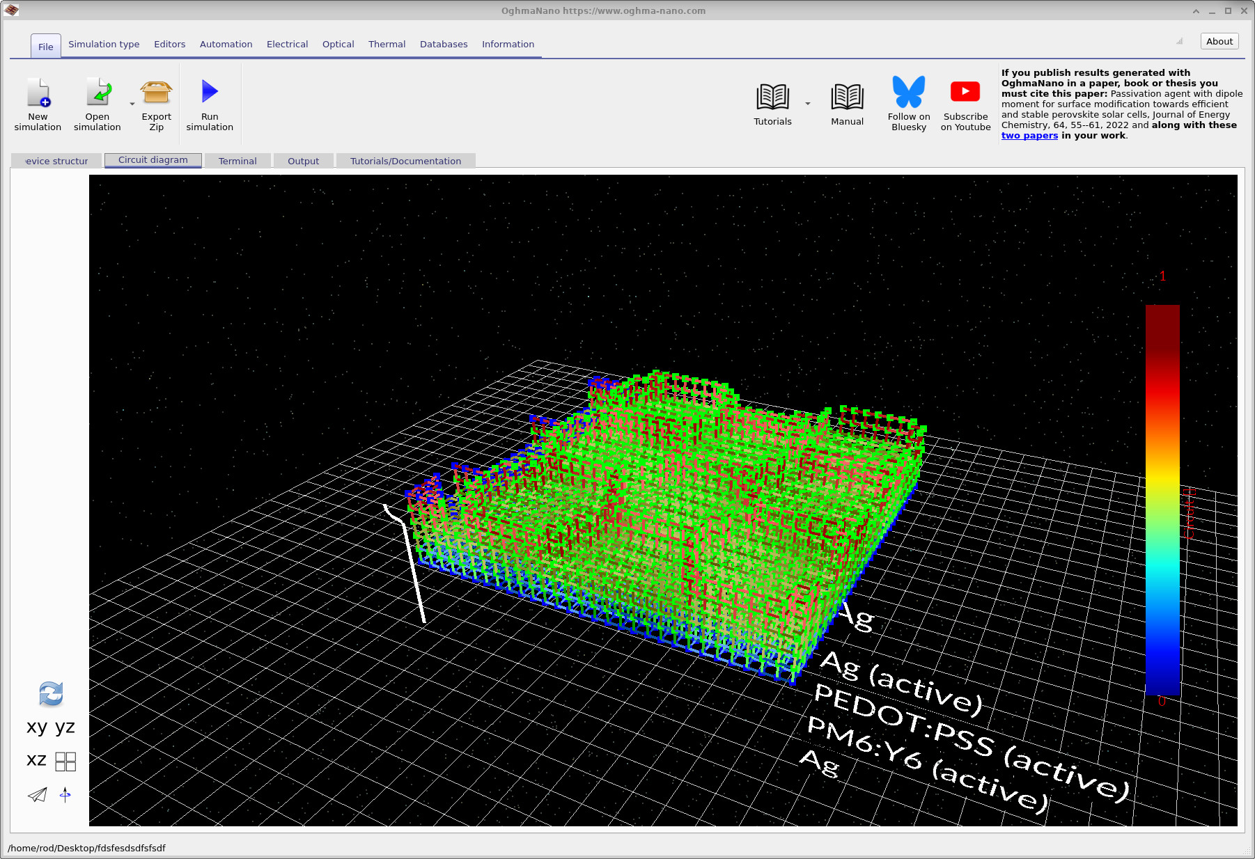 Circuit mesh showing 3D network links representing resistors and diode elements, color-coded by layer