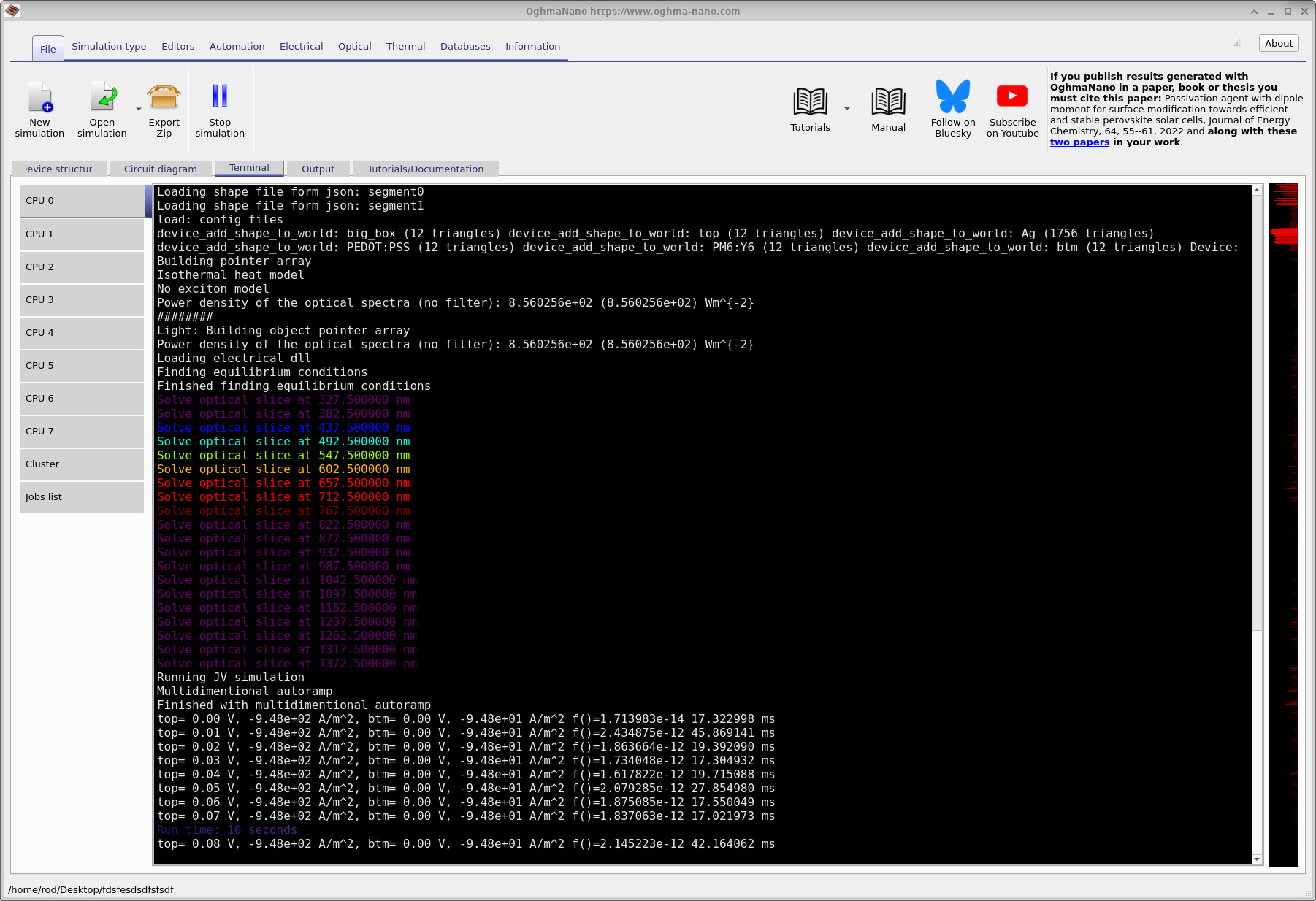 Terminal output while the large-area simulation is running, showing optical slice solves and electrical JV progress