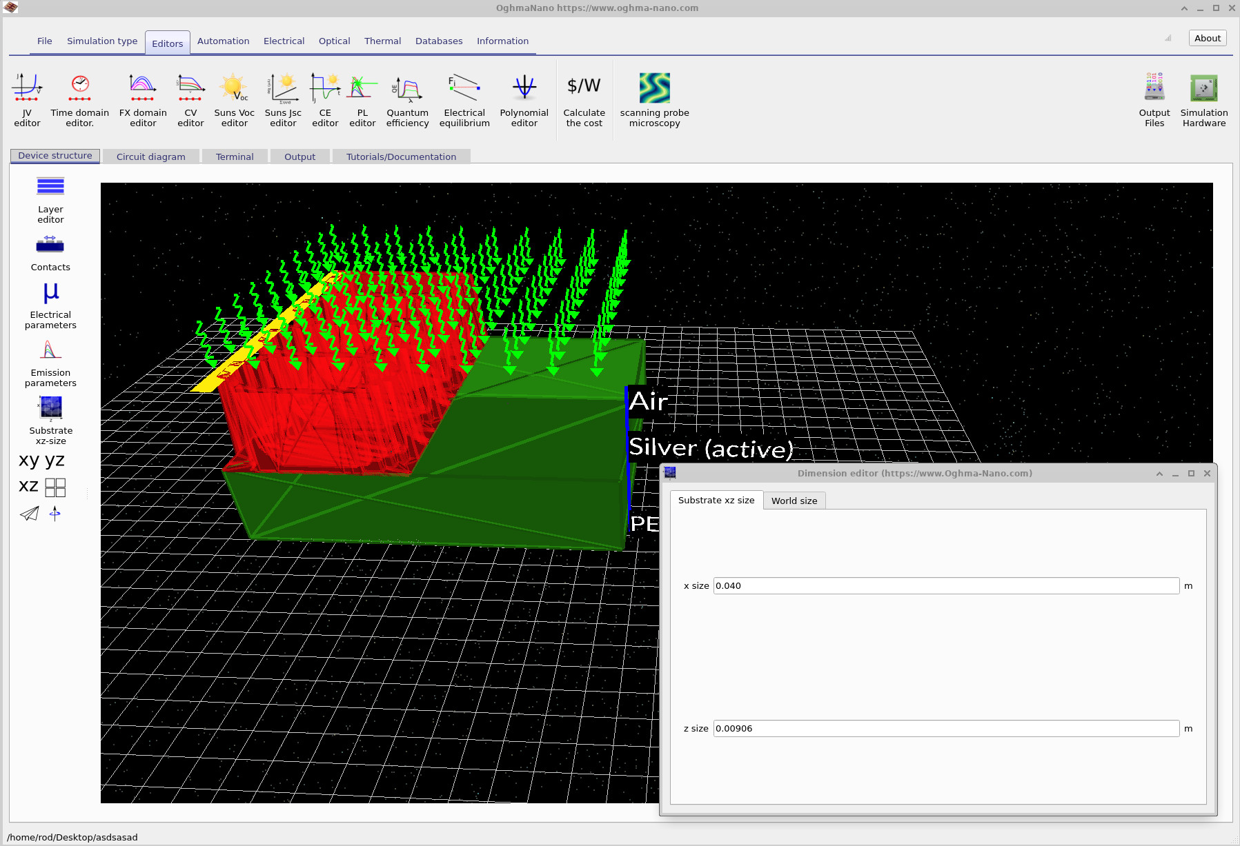 Main window showing substrate xz-size editor and an enlarged substrate