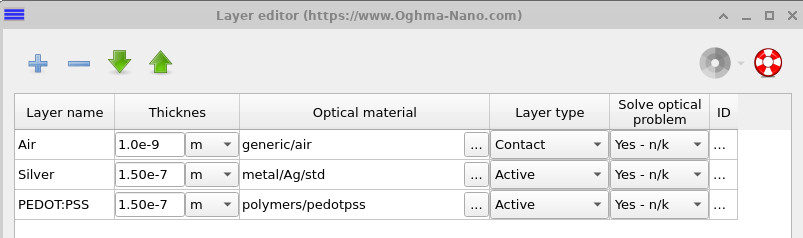 层编辑器显示空气、银和 PEDOT:PSS 层