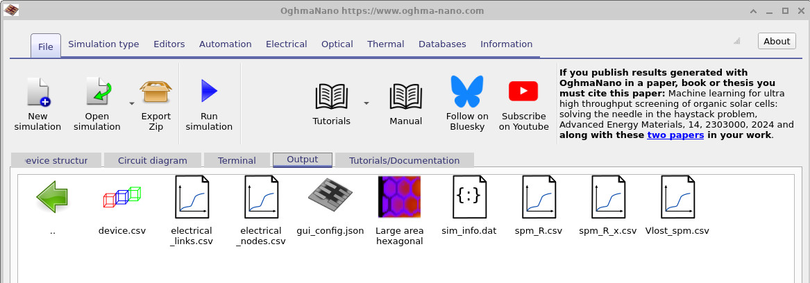 OghmaNano output tab listing device.csv, electrical_links.csv, electrical_nodes.csv, spm_R.csv, spm_R_x.csv, and Vlost_spm.csv