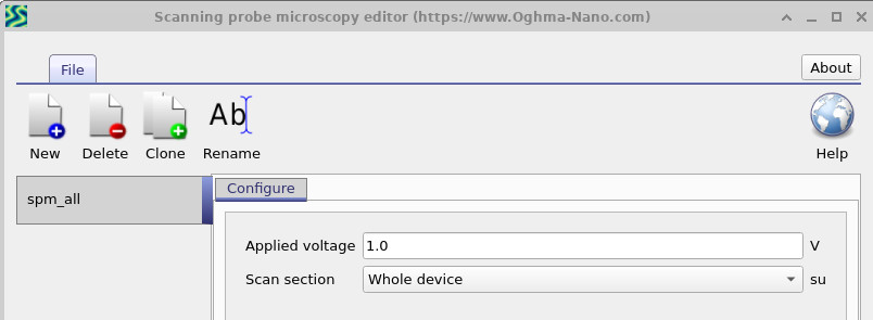 Scanning probe microscopy editor configuration with applied voltage and scan section