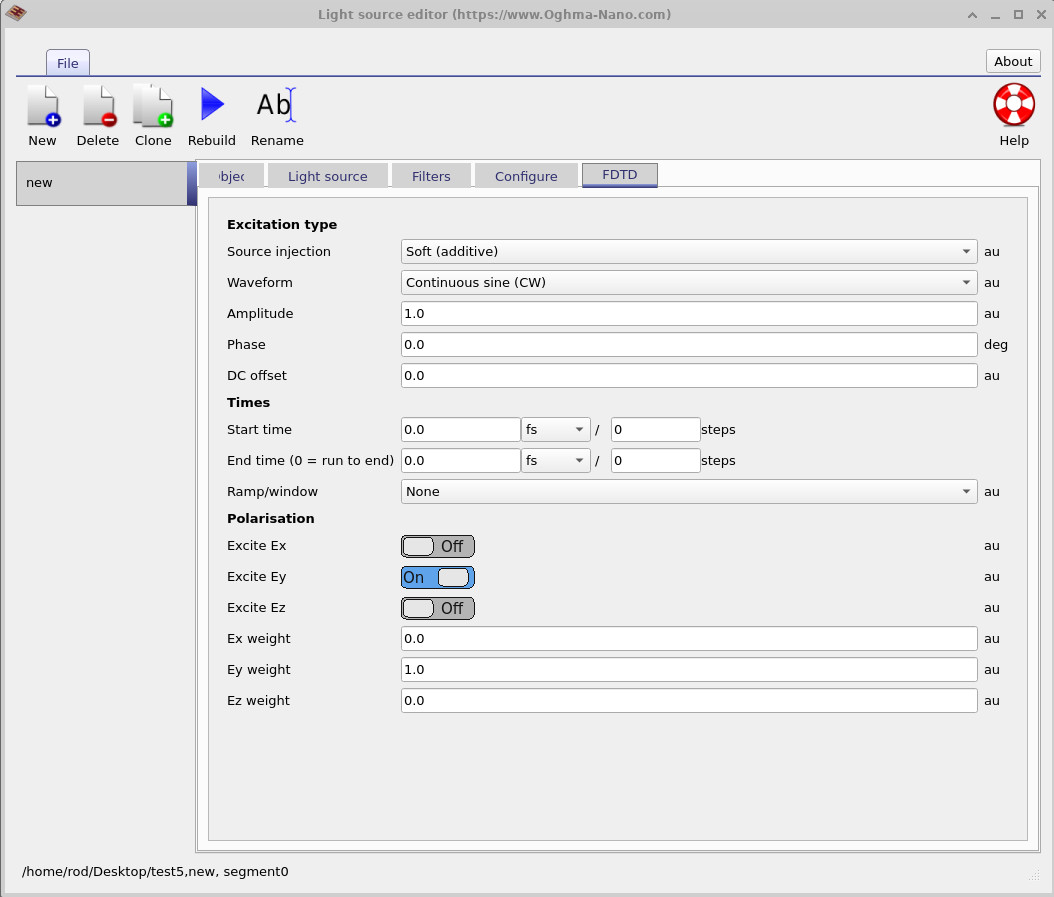 Light source editor showing parameters such as pulse duration and polarisation.