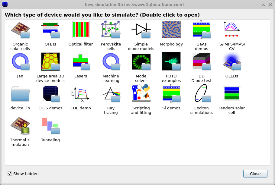 OghmaNano New simulation window where the user selects FDTD Examples and opens the Silicon Mach–Zehnder modulator demo.