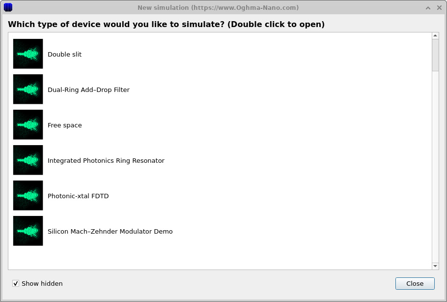 Main OghmaNano window showing the Mach–Zehnder modulator geometry with two racetrack arms and coloured detectors.