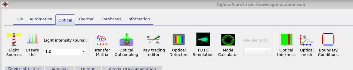 OghmaNano optical ribbon showing the optical mesh and simulation controls.