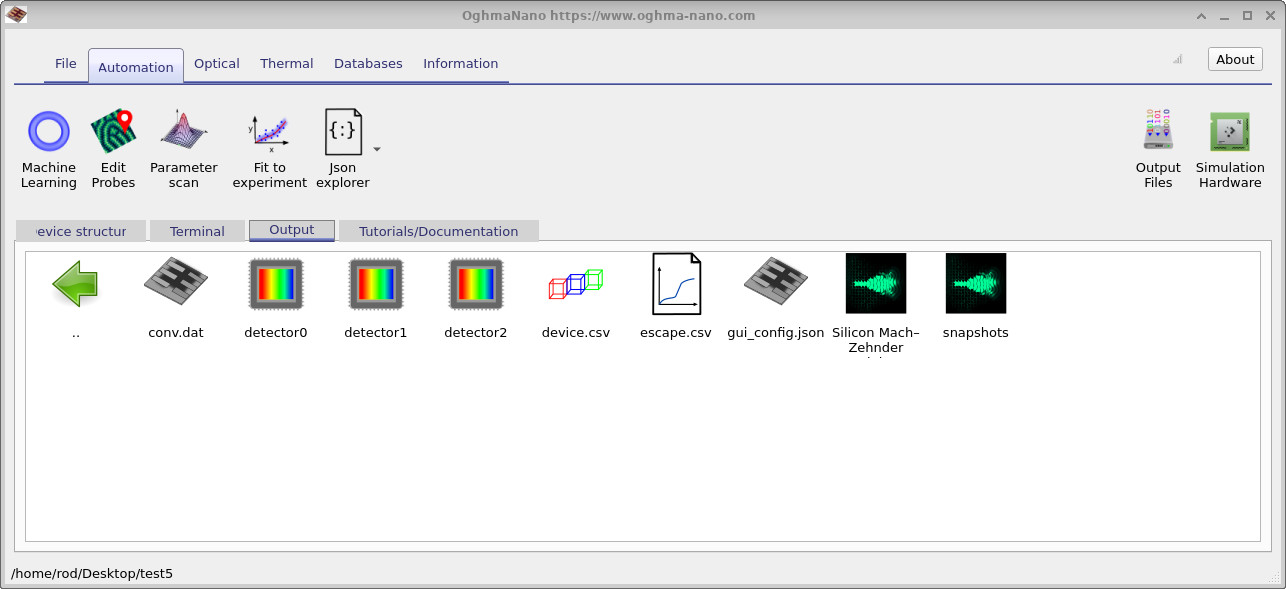 Output tab listing snapshots and detector outputs produced by the Mach–Zehnder modulator simulation.