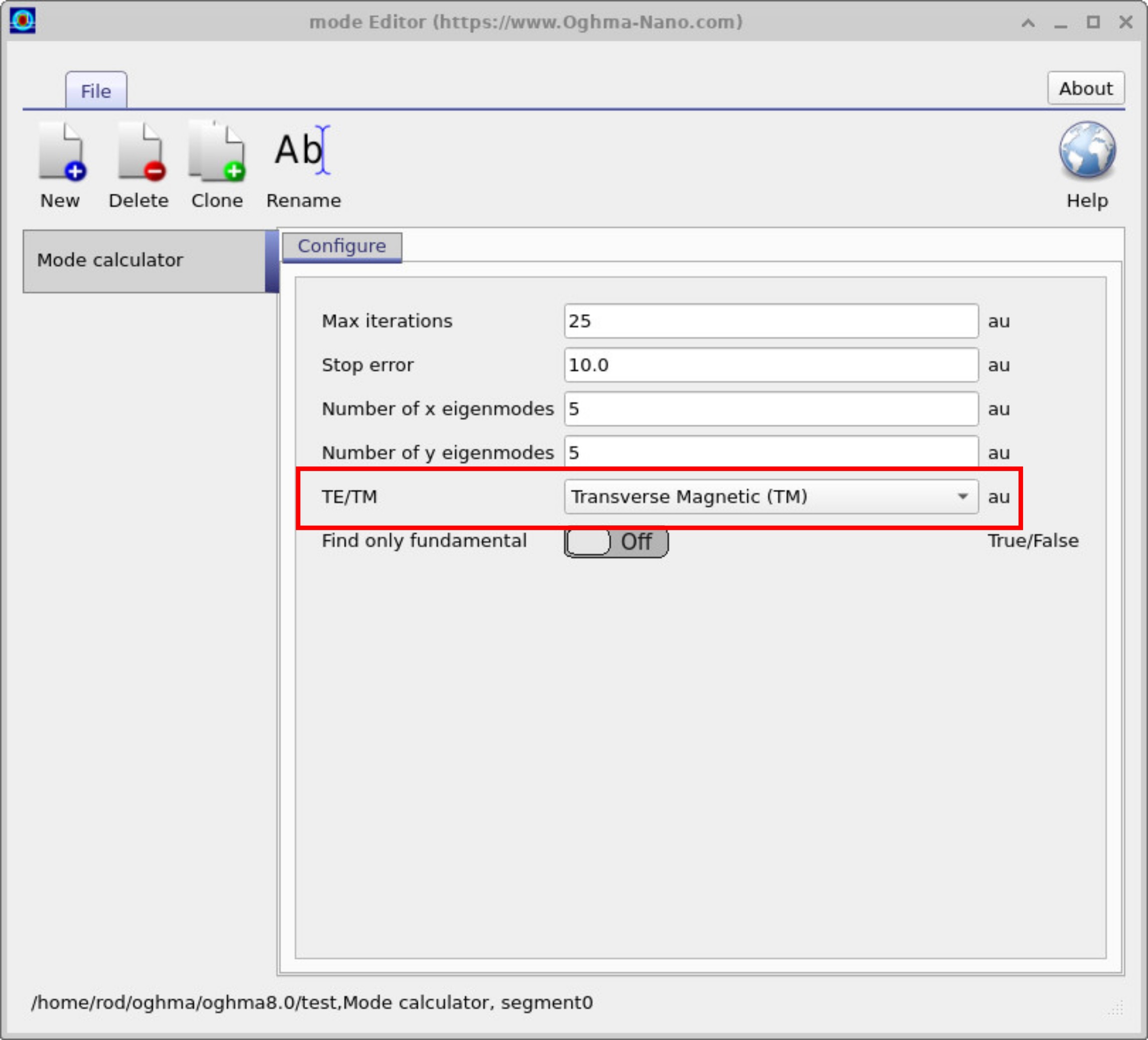 OghmaNano Mode Calculator editor window with the TE/TM selection dropdown highlighted.
