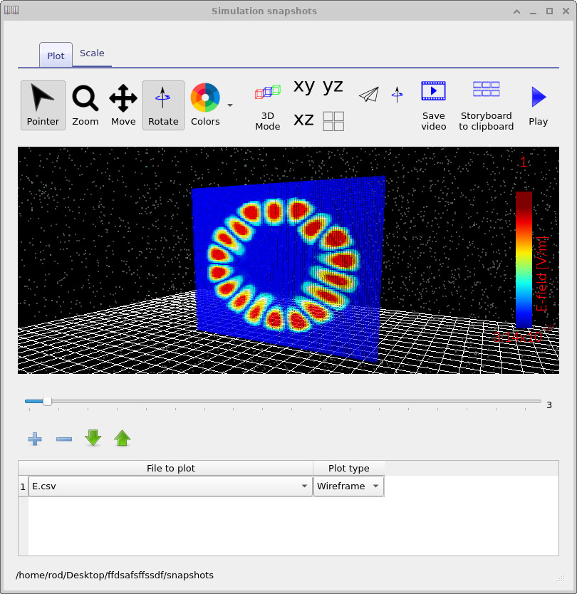 OghmaNano snapshots window showing the 2D modal field profile of the fiber with an off-center core.