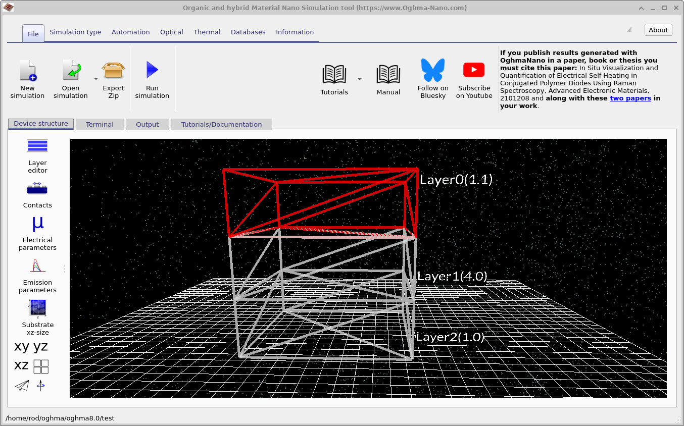 OghmaNano main window with the blue play button highlighted to run the simulation.