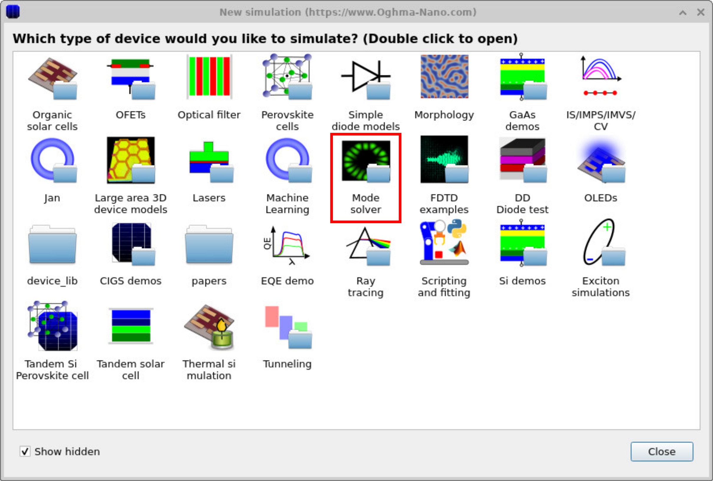 OghmaNano new simulation window showing the Mode Solver folder highlighted among the available device types.