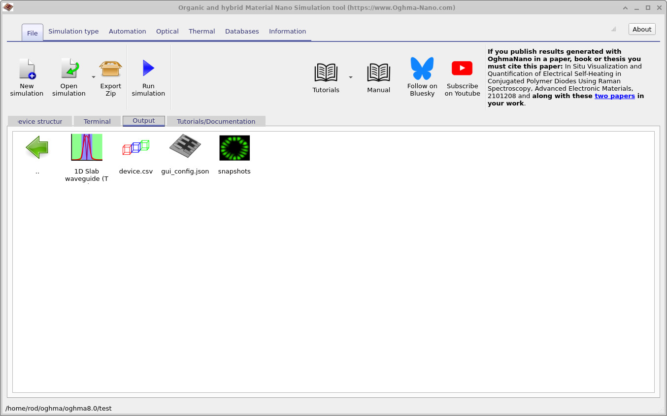 OghmaNano Output tab showing the snapshots directory after running the fiber simulation.