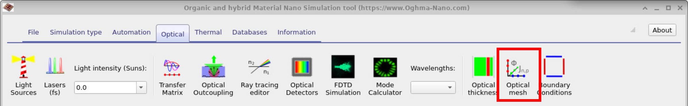 OghmaNano Optical ribbon showing the Optical mesh button highlighted.