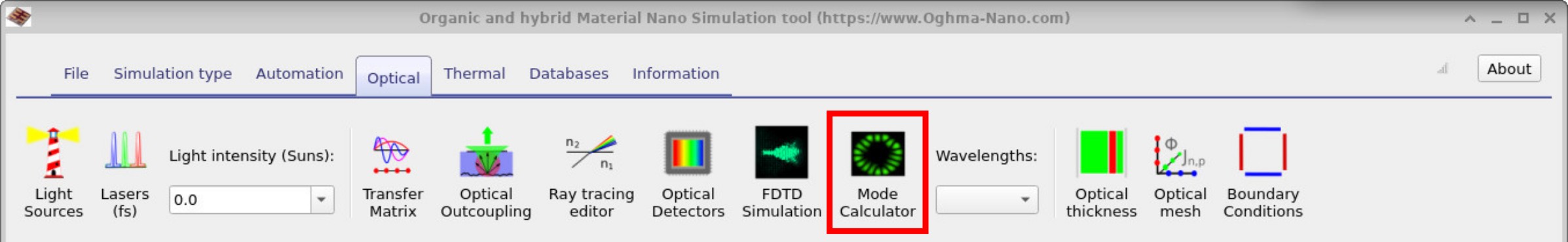 OghmaNano main window showing the Optical ribbon with the Mode Calculator button highlighted.