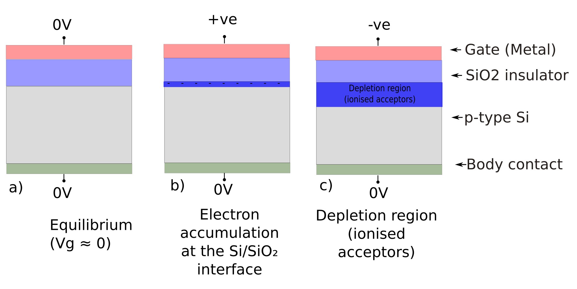NMOS MOS capacitor schematic showing equilibrium, electron accumulation under positive gate bias, and depletion under negative gate bias
