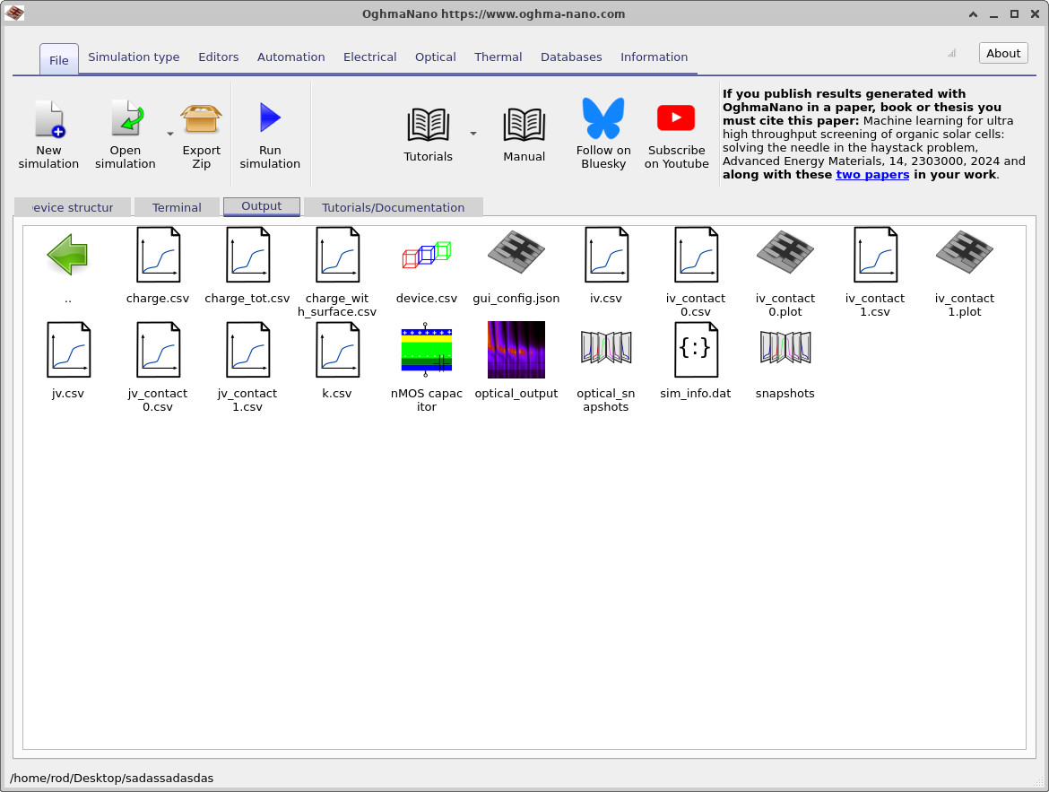 Output tab showing files generated by the NMOS capacitor simulation
