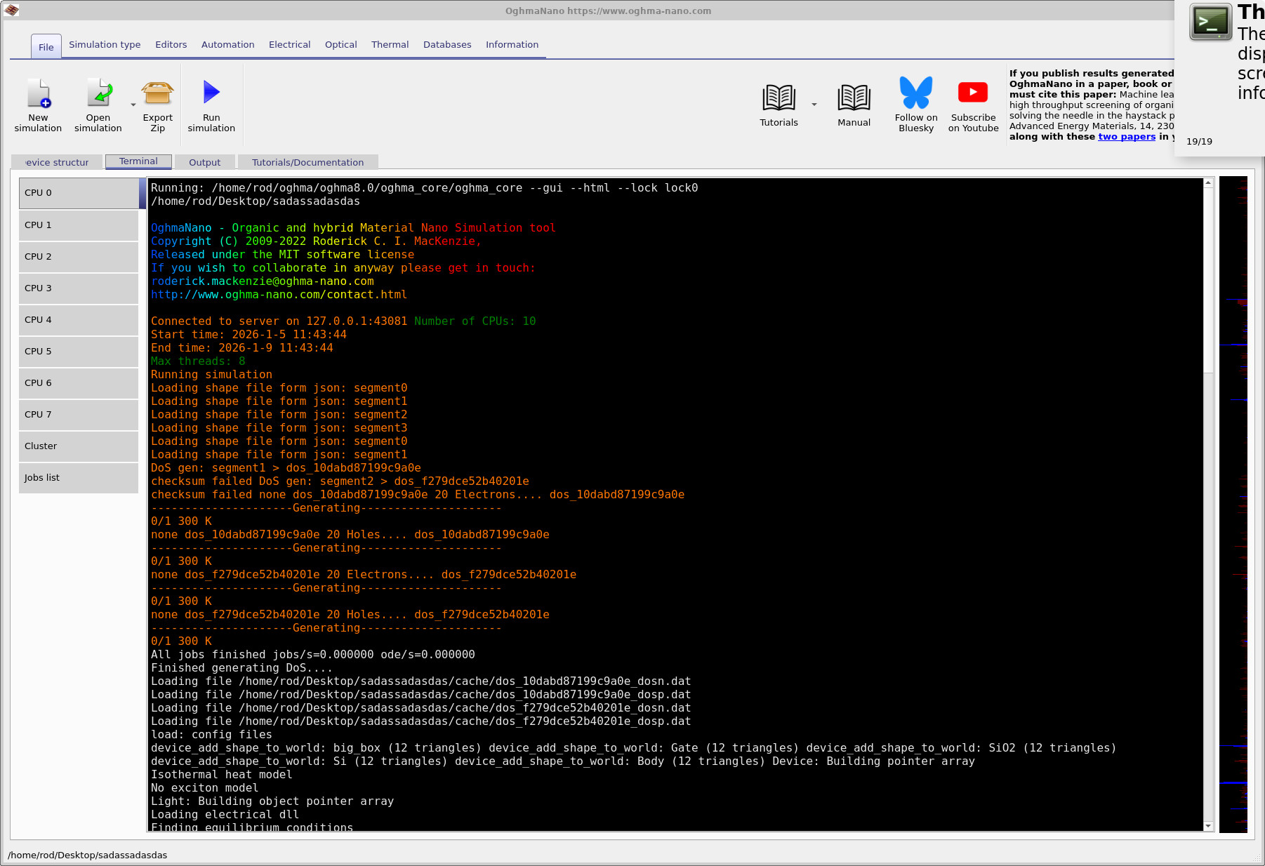 Terminal output at simulation start: initialization and Fermi–Dirac table generation