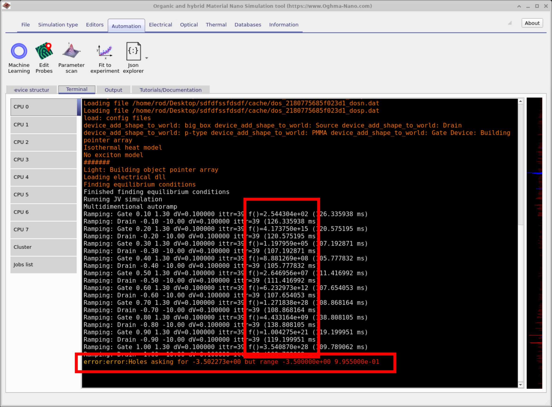 Solver crash trace showing failure after setting mobility to zero.