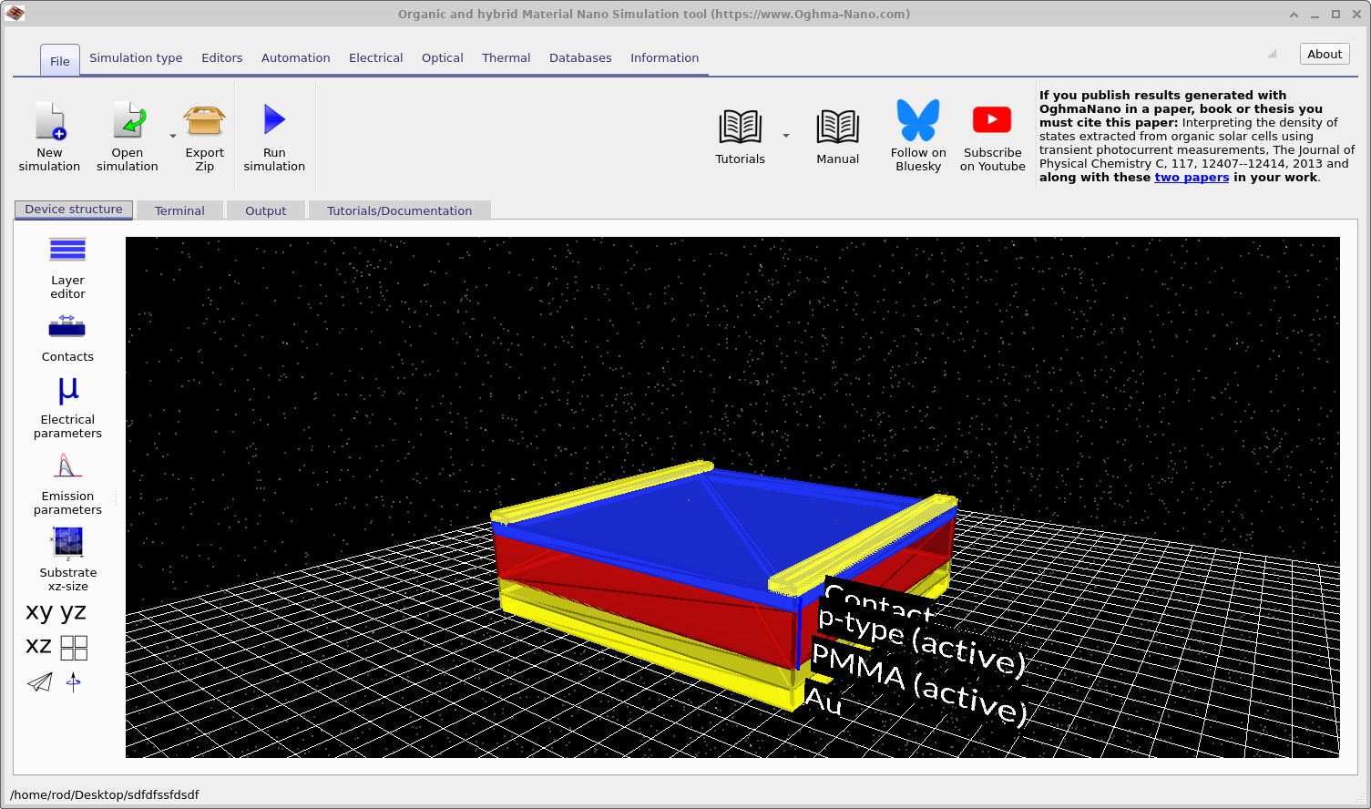 OghmaNano simulation window showing the default OFET setup for a new simulation