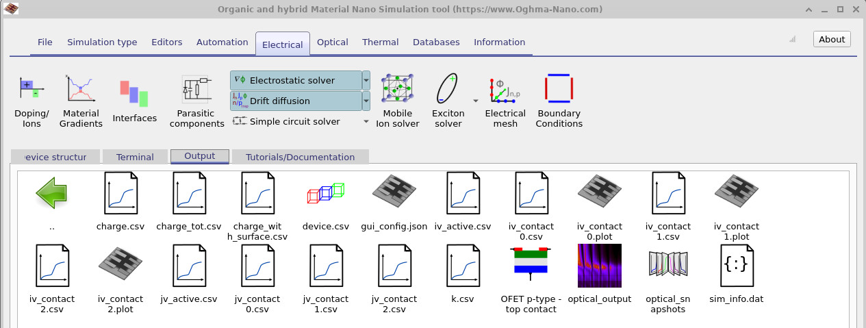 OghmaNano Output tab showing files produced by an OFET simulation, including jv_contact_0.csv, jv_contact_1.csv, jv_contact_2.csv, iv_contact_*.csv, charge.csv, device.csv, and sim_info.dat
