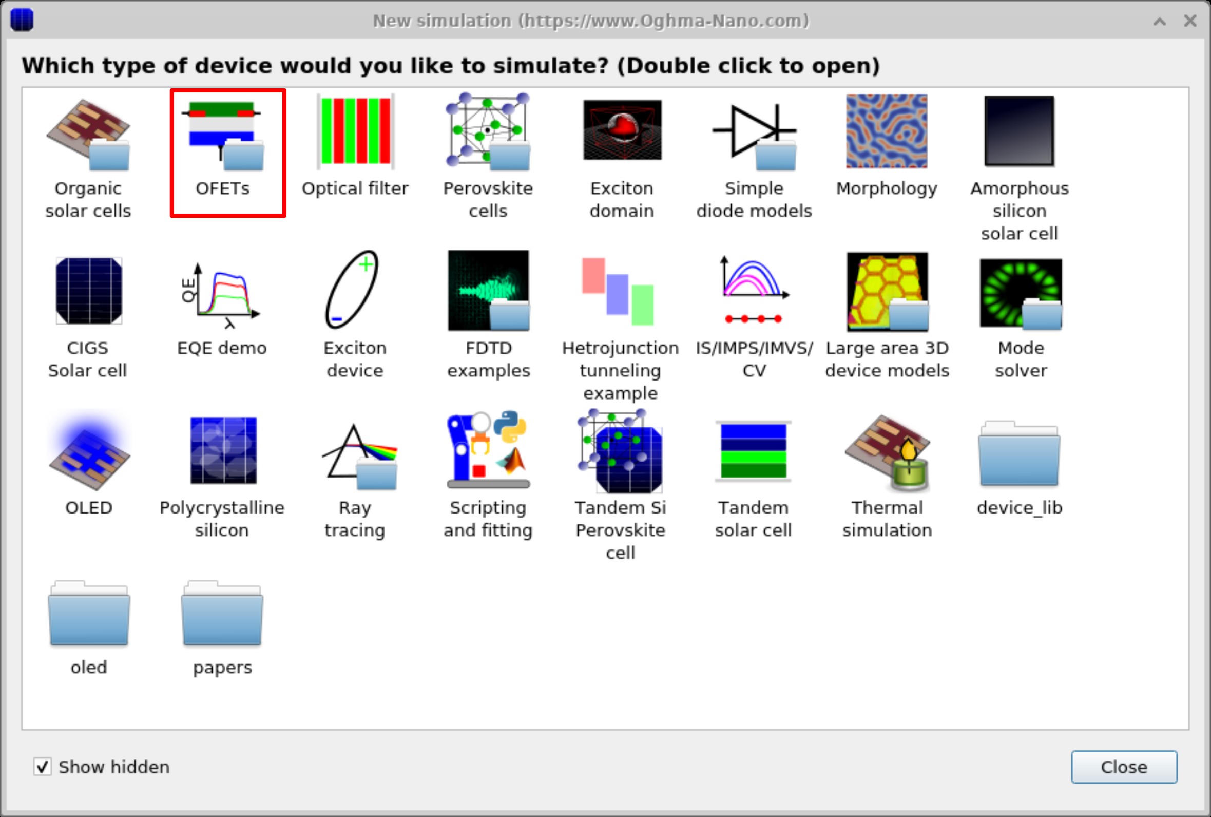 OghmaNano new simulation window with a library of device categories including OFETs, OLEDs, solar cells, perovskite cells, ray tracing, and FDTD examples