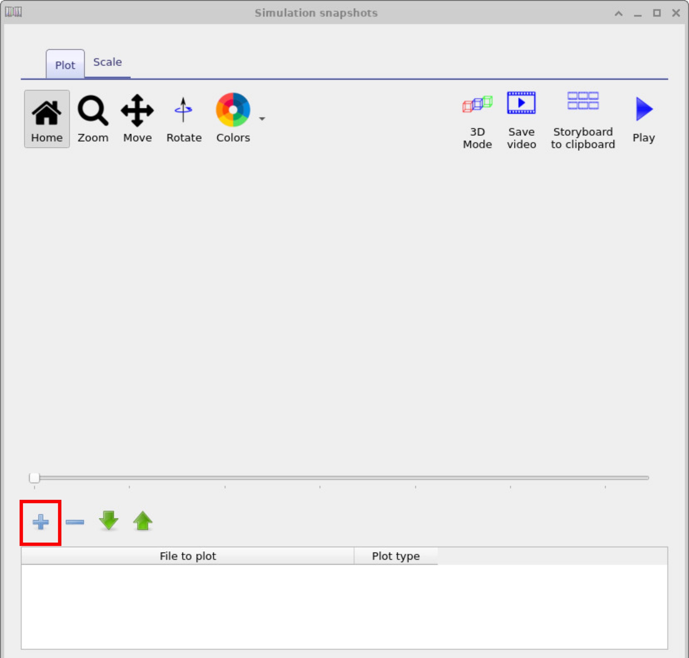 Snapshots window in OghmaNano with toolbar and an empty plot list. Click the plus button to add a plot, then select phy.csv from the drop-down.