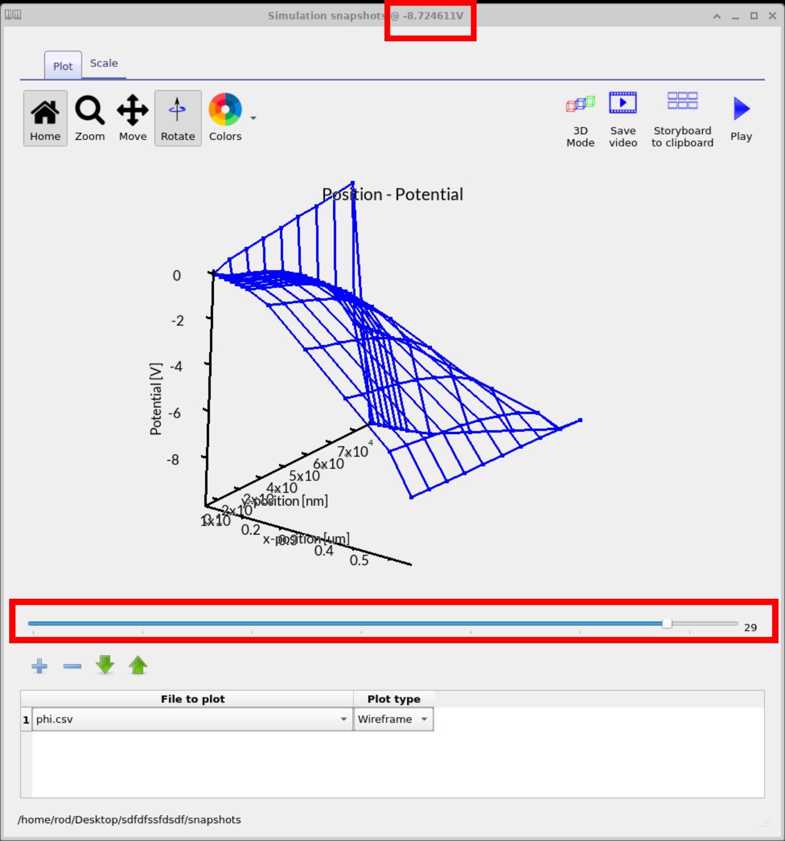 Snapshots window in OghmaNano showing Ο (potential) distribution across the OFET at +1.0 V