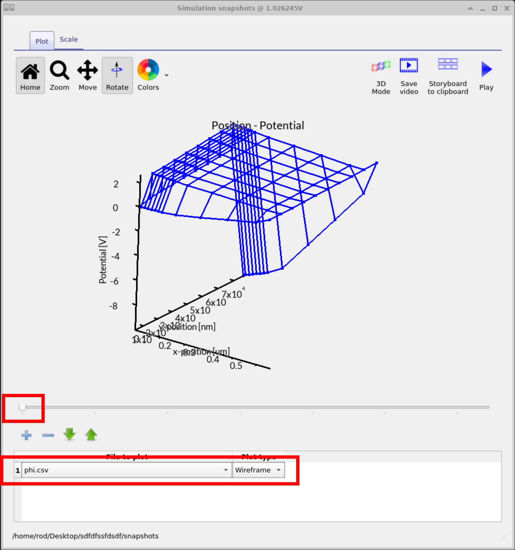 Snapshots window in OghmaNano showing Ο (potential) distribution across the OFET at β3.2 V