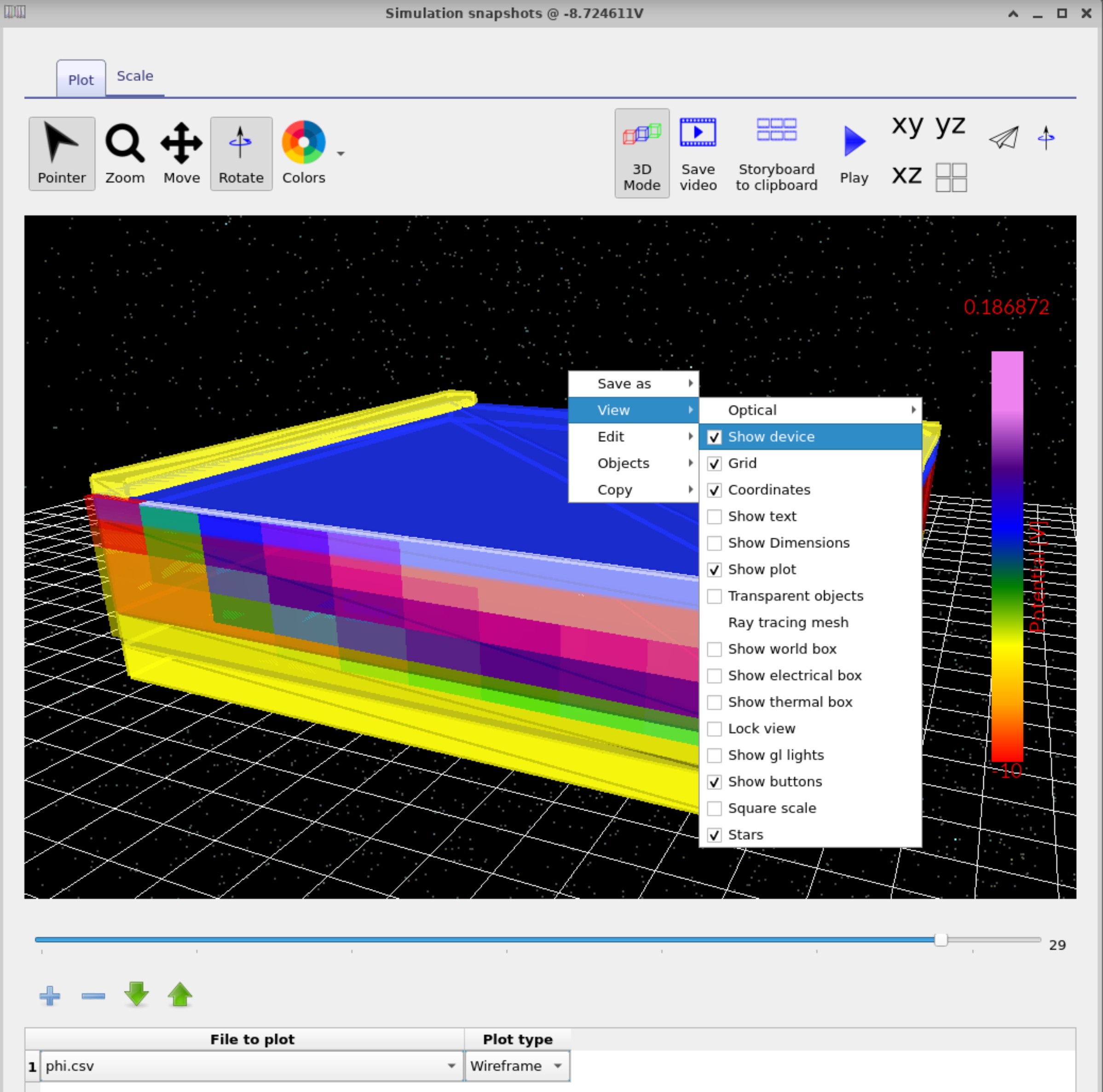 Snapshots window in OghmaNano with customised colours and device geometry overlay enabled, showing Ο in 3D with visible device structure