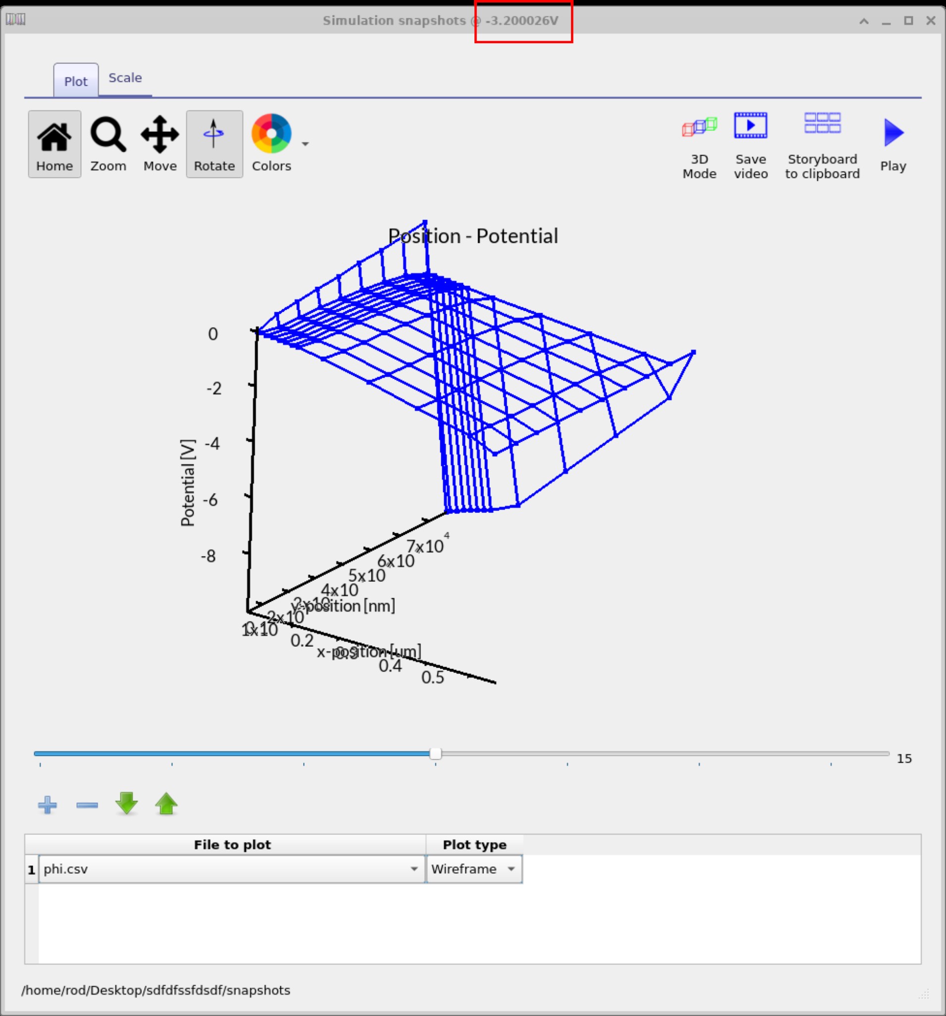 Snapshots window in OghmaNano showing Ο (potential) distribution across the OFET at β8.7 V
