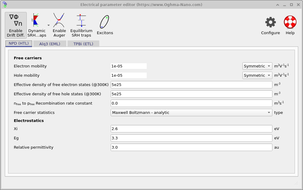 OghmaNano Electrical parameter editor showing the NPD (HTL) tab with free-carrier parameters (electron and hole mobility, effective density of states, recombination constant) and electrostatics parameters (electron affinity, band gap, relative permittivity).