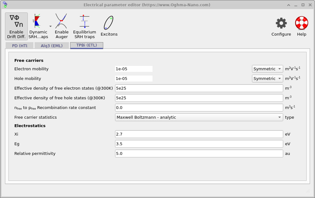 OghmaNano Electrical parameter editor showing the TPBi (ETL) tab with free-carrier parameters and electrostatics parameters used for the electron-transport layer.