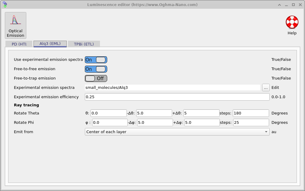 Luminescence editor showing experimental emission spectra settings for the emissive layer.