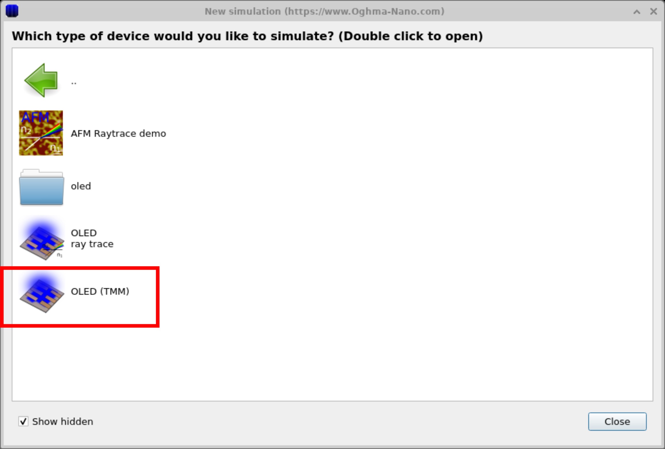 OLED example simulations in OghmaNano including single-EML, multi-EML, and ray tracing configurations.