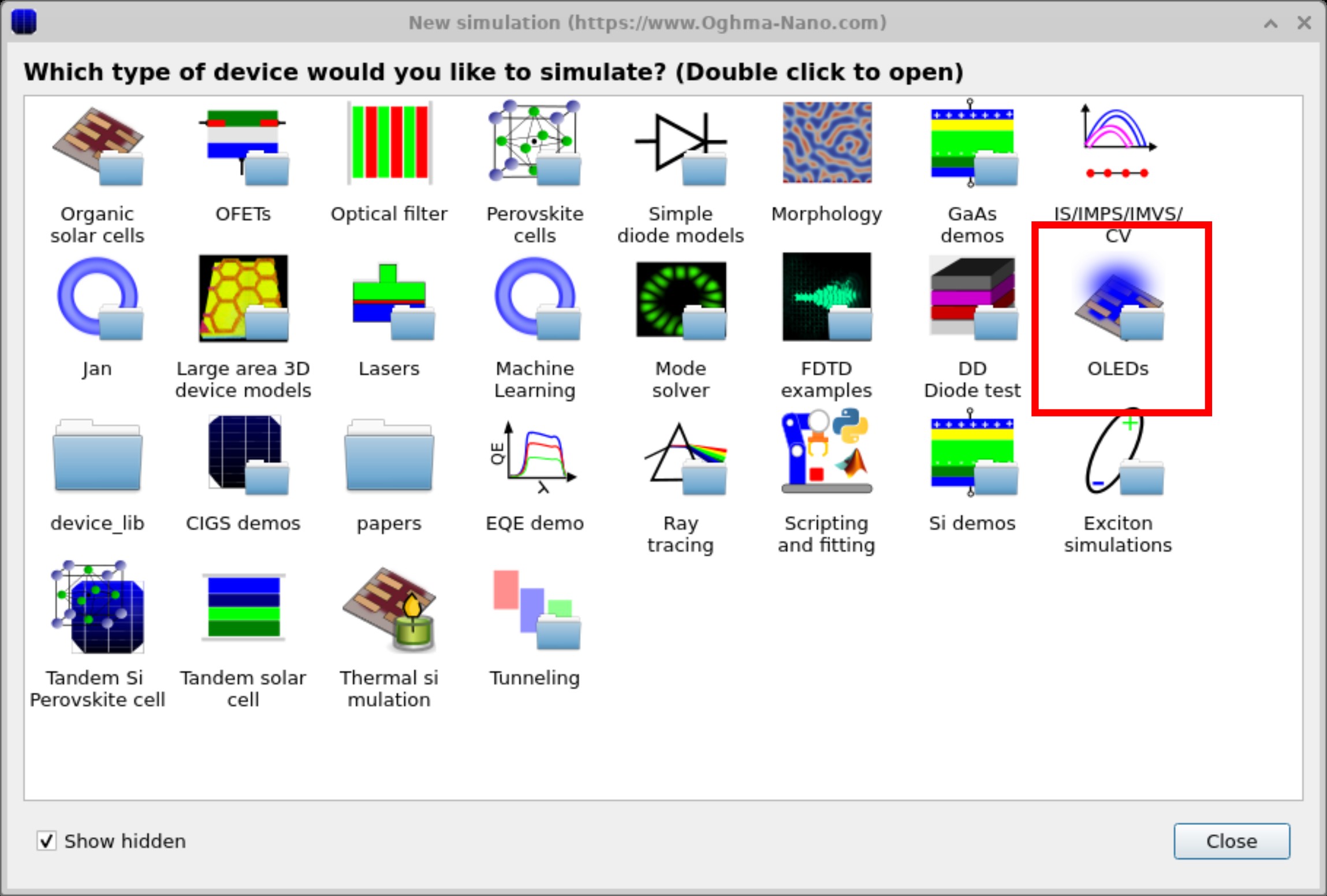 OghmaNano new simulation window with OLED examples available under the OLED category.