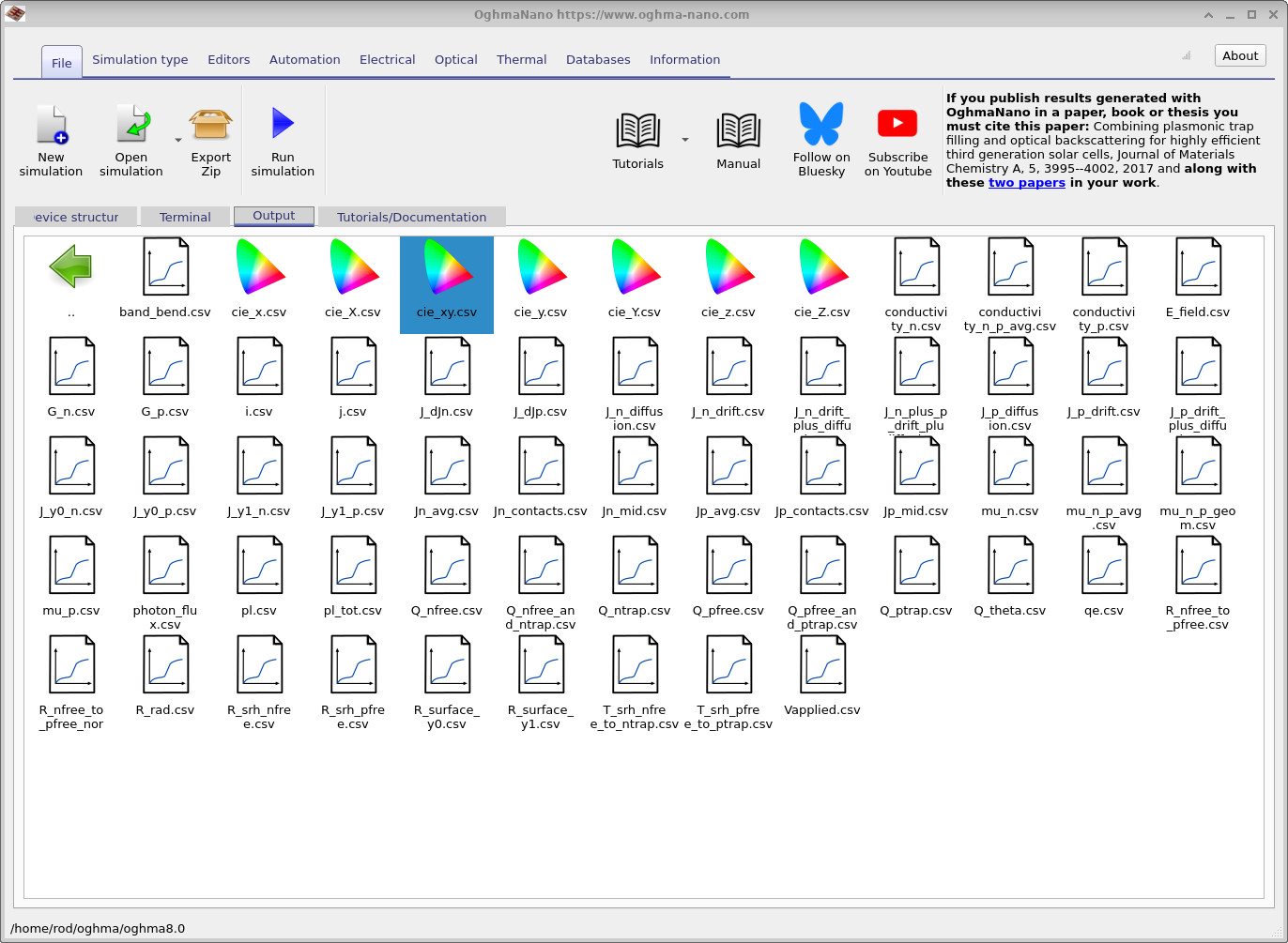 OghmaNano Output tab showing the sweep directory containing CIE outputs (cie_x.csv, cie_y.csv, and cie_xy.csv) alongside other voltage-sweep files.