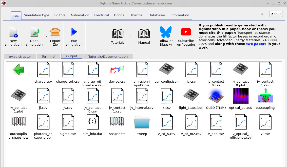 Results window showing the output of the combined optical and electrical OLED simulation, including current–voltage and light–voltage characteristics.