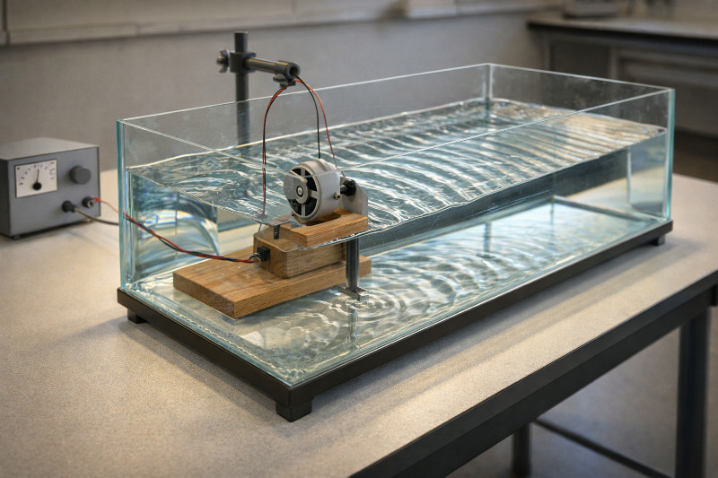 Waves propagating and interfering in a laboratory wave ripple tank.